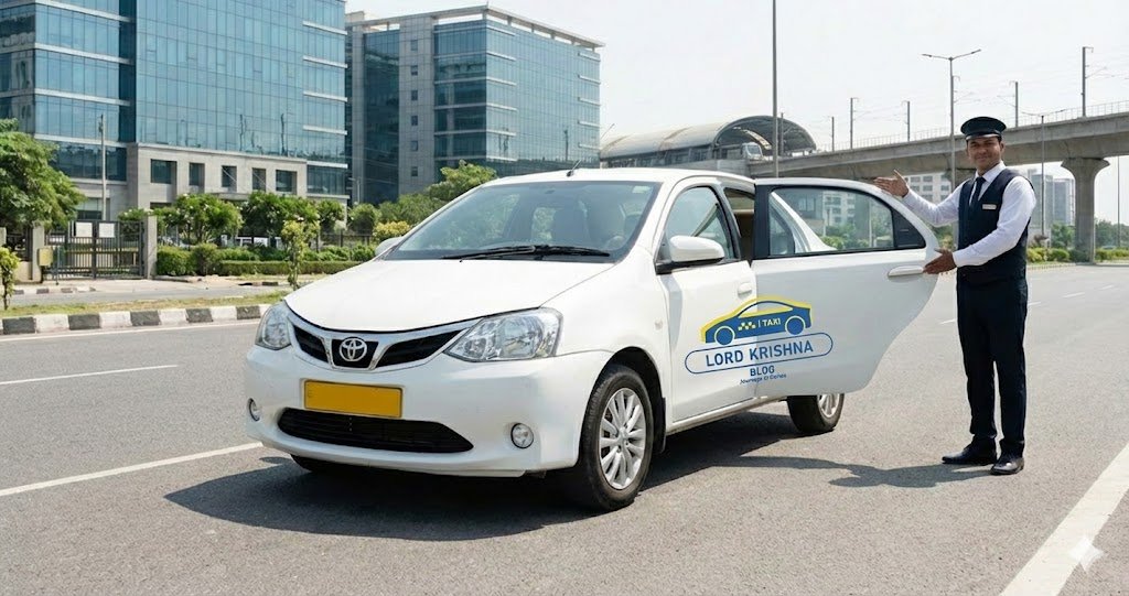 Booking a Cab in Noida? 5 Things You Must Know Before Your Next Ride a professional cab service in noida with a uniformed driver standing next to a white sedan, ready for a passenger.