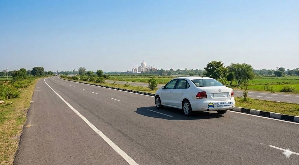 Booking a Cab in Noida? 5 Things You Must Know Before Your Next Ride a white sedan on a highway with the taj mahal visible in the distance, representing outstation travel and weekend getaways.