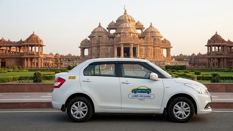 a lord krishna travels taxi parked with a view of the akshardham temple in the background, illustrating local sightseeing options.