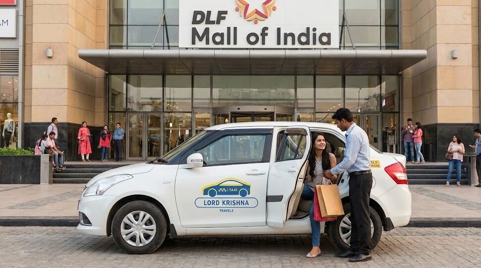 a lord krishna travels taxi picking up a passenger with shopping bags at the entrance of dlf mall of india, noida,