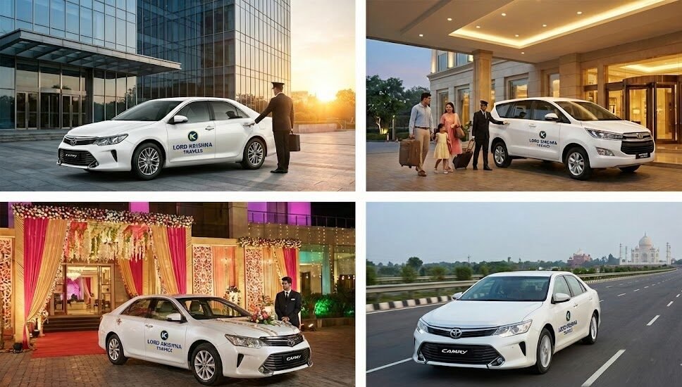 a chauffeur opening the door of a white toyota camry, branded with the lord krishna travels logo, for a business executive at a modern corporate office building in noida.