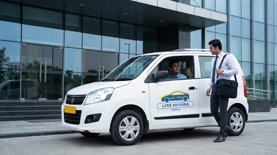 a corporate employee getting out of a lord krishna travels cab at a modern office building in sector 62, noida, illustrating reliable taxi service for daily office commute.