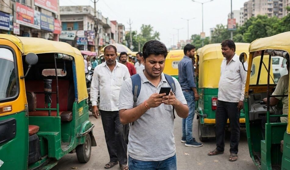 a frustrated person trying to book a ride on their phone at a chaotic auto rickshaw stand in a busy noida market.