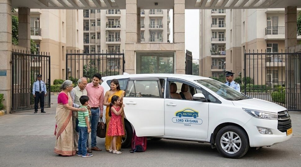 a multi generational indian family getting into a lord krishna travels innova cab outside a residential society in noida.